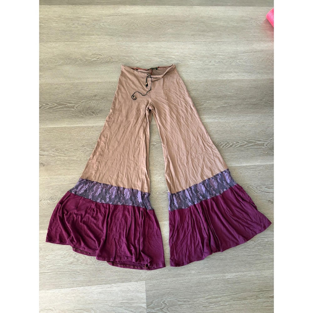 Gypsy Circus Sandra Iannuccilli Boho Lace Flare Pants Tan Burgundy Wide Leg S
